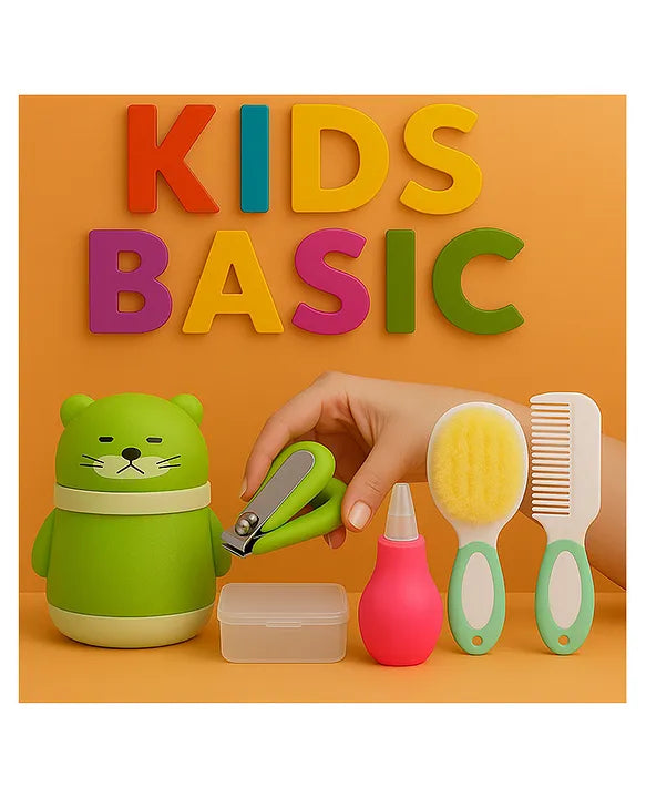 KIDS BASIC Baby Care Grooming Essential Combo | Teddy Style Powder Puff + Nail Cutter + Nose Sucker + Hair Brush & Comb Set- Green, Green, Pink, Green