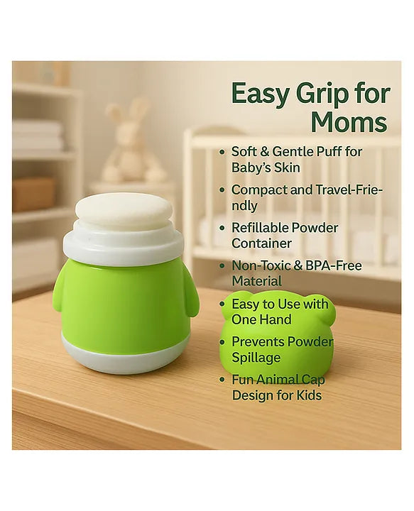 KIDS BASIC Baby Care Grooming Essential Combo | Teddy Style Powder Puff + Nail Cutter + Nose Sucker + Hair Brush & Comb Set- Green, Green, Pink, Green