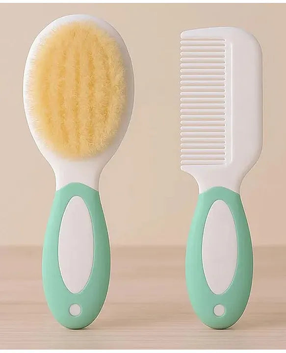 KIDS BASIC Baby Care Grooming Essential Combo | Teddy Style Powder Puff + Nail Cutter + Nose Sucker + Hair Brush & Comb Set- Green, Green, Pink, Green