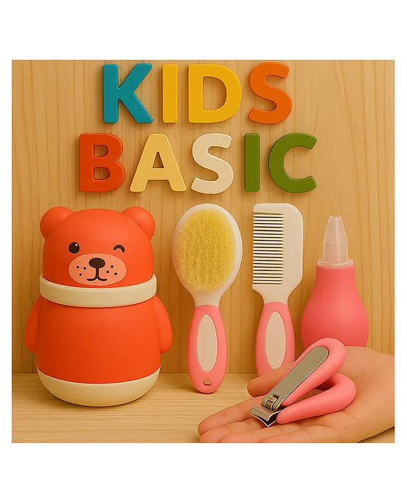 KIDS BASIC Baby Care Grooming Essential Combo | Teddy Style Powder Puff + Nail Cutter + Nose Sucker + Hair Brush & Comb Set- Pink, Pink, Pink, Pink