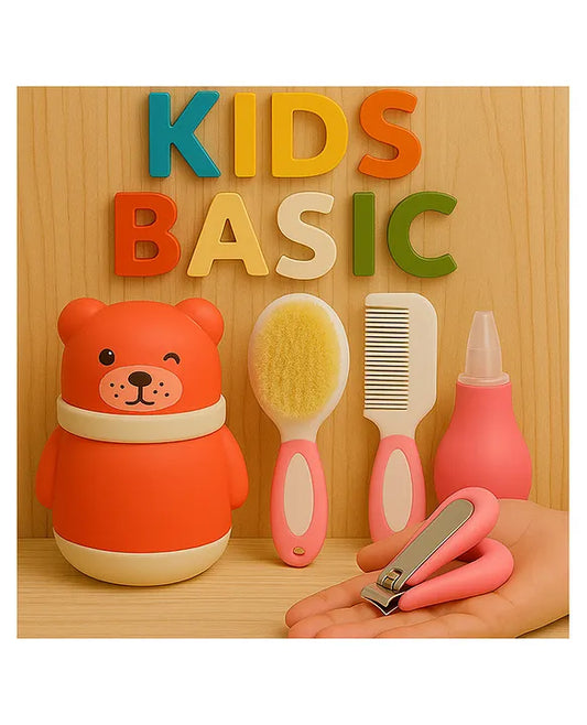 KIDS BASIC Baby Care Grooming Essential Combo | Teddy Style Powder Puff + Nail Cutter + Nose Sucker + Hair Brush & Comb Set- Pink, Pink, Pink, Pink