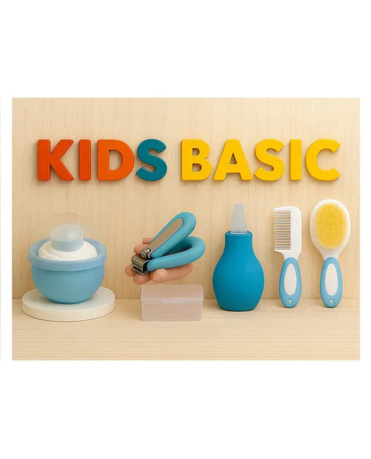 KIDS BASIC Baby Care Grooming Essential Combo | Soft Powder Puff with Built-In Storage Case + Nail Cutter + Nose Sucker + Hair Brush & Comb Set- Blue, Blue, Blue, Blue
