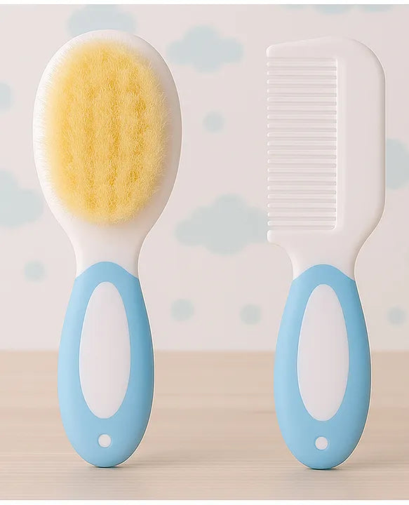 KIDS BASIC Baby Care Grooming Essential Combo | Soft Powder Puff with Built-In Storage Case + Nail Cutter + Nose Sucker + Hair Brush & Comb Set- Blue, Blue, Blue, Blue