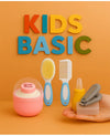 KIDS BASIC Baby Care Grooming Essential Combo | Soft Powder Puff with Built-In Storage Case + Nail Cutter + Nose Sucker + Hair Brush & Comb Set- Pink, Grey, Yellow, Blue