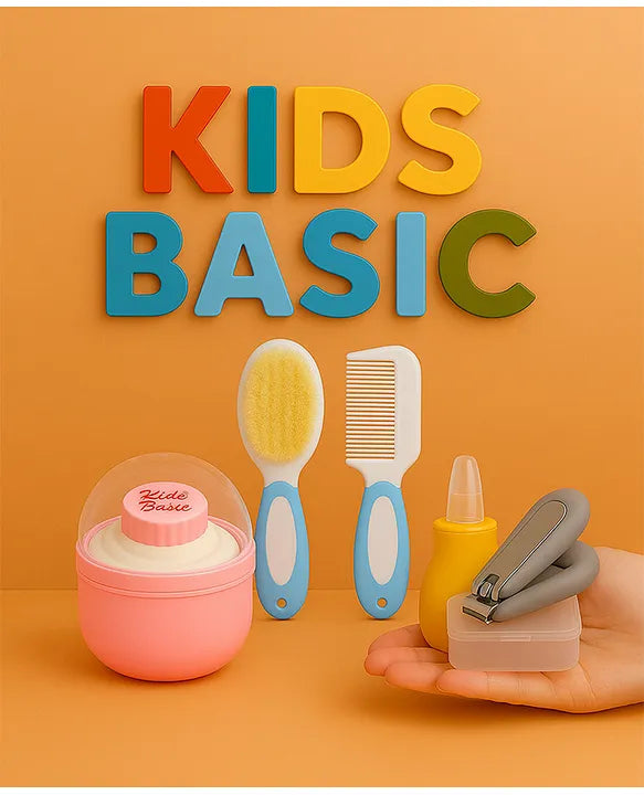 KIDS BASIC Baby Care Grooming Essential Combo | Soft Powder Puff with Built-In Storage Case + Nail Cutter + Nose Sucker + Hair Brush & Comb Set- Pink, Grey, Yellow, Blue