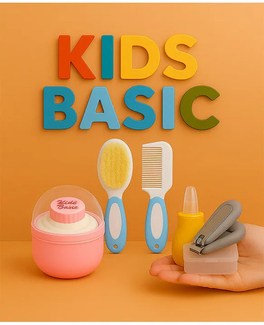 KIDS BASIC Baby Care Grooming Essential Combo | Soft Powder Puff with Built-In Storage Case + Nail Cutter + Nose Sucker + Hair Brush & Comb Set- Pink, Grey, Yellow, Blue