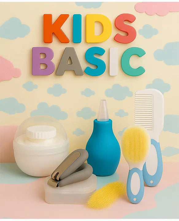 KIDS BASIC Baby Care Grooming Essential Combo | Soft Powder Puff with Built-In Storage Case + Nail Cutter + Nose Sucker + Hair Brush & Comb Set- White, Grey, Blue, Blue