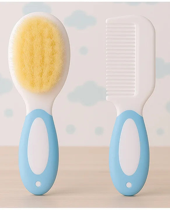 KIDS BASIC Baby Care Grooming Essential Combo | Soft Powder Puff with Built-In Storage Case + Nail Cutter + Nose Sucker + Hair Brush & Comb Set- White, Grey, Blue, Blue