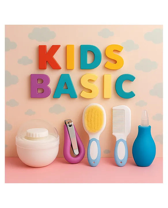 KIDS BASIC Baby Care Grooming Essential Combo | Soft Powder Puff with Built-In Storage Case + Nail Cutter + Nose Sucker + Hair Brush & Comb Set- White, Purple, Blue, Blue
