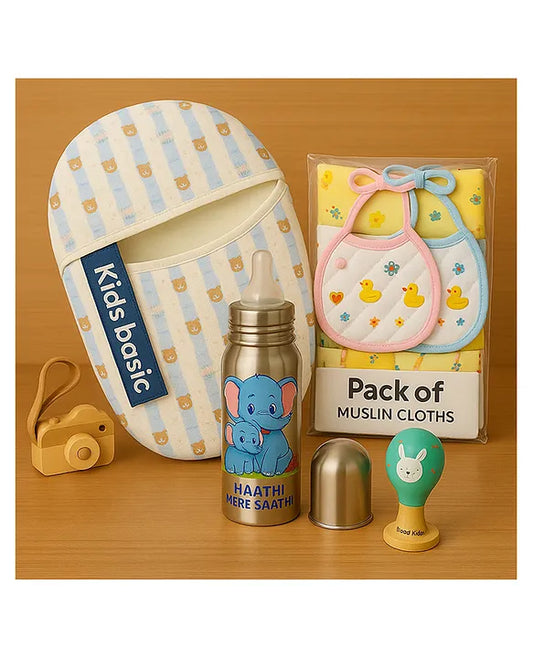KIDS BASIC Newborn Essentials Gift Combo | Muslin Warm Sleeping Bag + Stainless Steel Feeding Bottle + 6 Muslin Hankies + 3 Knot Bibs + Wooden Rattle- Blue Stripes + Elephant + Green