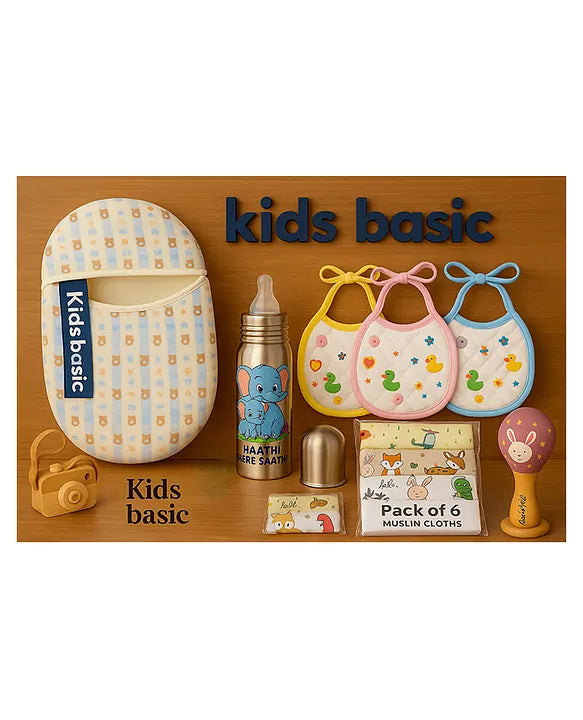 KIDS BASIC Newborn Essentials Gift Combo | Muslin Warm Sleeping Bag + Stainless Steel Feeding Bottle + 6 Muslin Hankies + 3 Knot Bibs + Wooden Rattle- Blue Stripes + Elephant + Purple