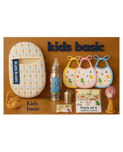 KIDS BASIC Newborn Essentials Gift Combo | Muslin Warm Sleeping Bag + Stainless Steel Feeding Bottle + 6 Muslin Hankies + 3 Knot Bibs + Wooden Rattle- Blue Stripes + Elephant + Purple