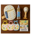 KIDS BASIC Newborn Essentials Gift Combo | Muslin Warm Sleeping Bag + Stainless Steel Feeding Bottle + 6 Muslin Hankies + 3 Knot Bibs + Wooden Rattle- Blue Stripes + Elephant + Silver