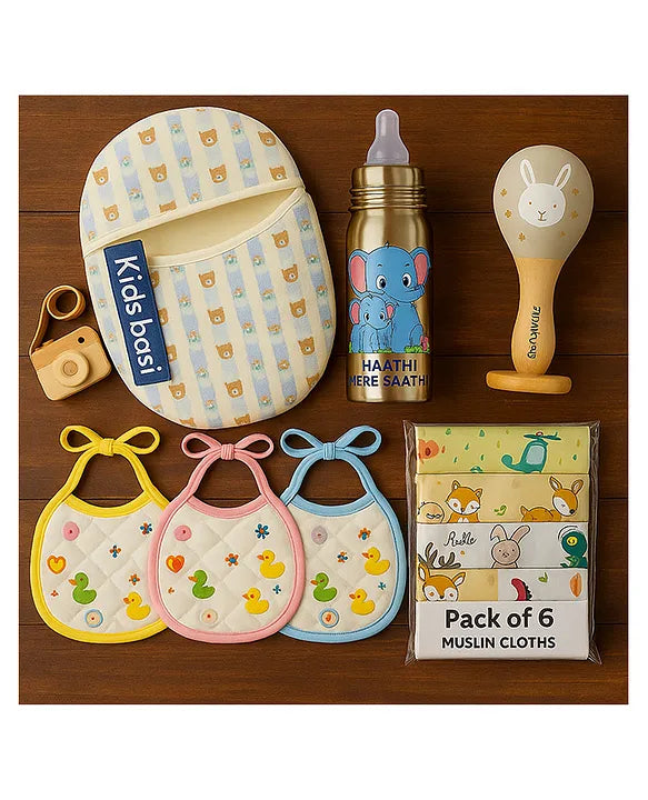 KIDS BASIC Newborn Essentials Gift Combo | Muslin Warm Sleeping Bag + Stainless Steel Feeding Bottle + 6 Muslin Hankies + 3 Knot Bibs + Wooden Rattle- Blue Stripes + Elephant + Silver