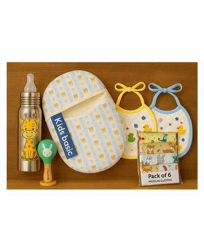 KIDS BASIC Newborn Essentials Gift Combo | Muslin Warm Sleeping Bag + Stainless Steel Feeding Bottle + 6 Muslin Hankies + 3 Knot Bibs + Wooden Rattle- Blue Stripes + Giraffe + Green