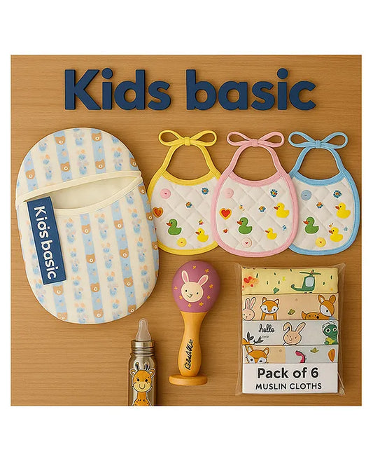 KIDS BASIC Newborn Essentials Gift Combo | Muslin Sleeping Bag, Steel Bottle & Baby Care Set – Blue Stripes Giraffe Purple