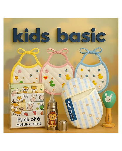 KIDS BASIC Newborn Essentials Gift Combo | Muslin Warm Sleeping Bag + Stainless Steel Feeding Bottle + 6 Muslin Hankies + 3 Knot Bibs + Wooden Rattle- Blue Stripes + Monkey + Green