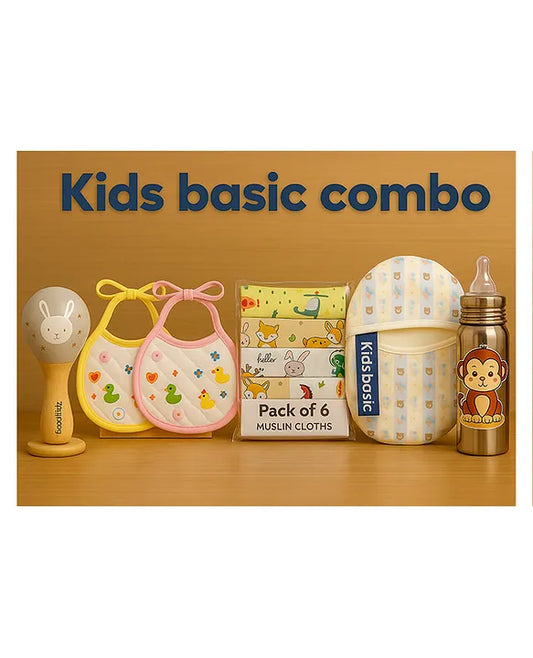 KIDS BASIC Newborn Essentials Gift Combo | Muslin Warm Sleeping Bag + Stainless Steel Feeding Bottle + 6 Muslin Hankies + 3 Knot Bibs + Wooden Rattle- Blue Stripes + Monkey + Purple