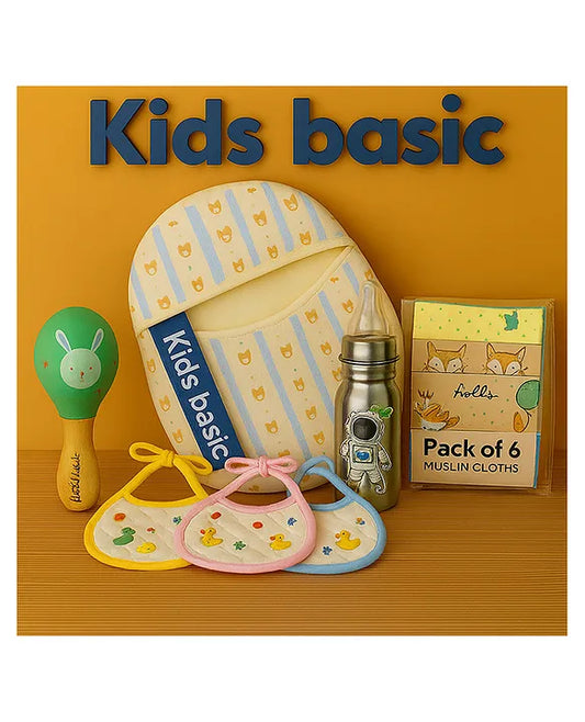 KIDS BASIC Newborn Essentials Gift Combo | Muslin Warm Sleeping Bag + Stainless Steel Feeding Bottle + 6 Muslin Hankies + 3 Knot Bibs + Wooden Rattle- BlueStripes +Astronaut + Green