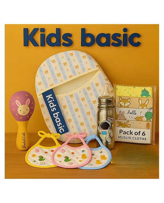 KIDS BASIC Newborn Essentials Gift Combo | Muslin Warm Sleeping Bag + Stainless Steel Feeding Bottle + 6 Muslin Hankies + 3 Knot Bibs + Wooden Rattle- BlueStripes +Astronaut + Purple