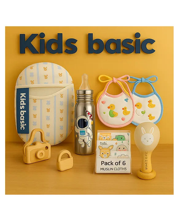 KIDS BASIC Newborn Essentials Gift Combo | Muslin Warm Sleeping Bag + Stainless Steel Feeding Bottle + 6 Muslin Hankies + 3 Knot Bibs + Wooden Rattle- BlueStripes +Astronaut + Silver