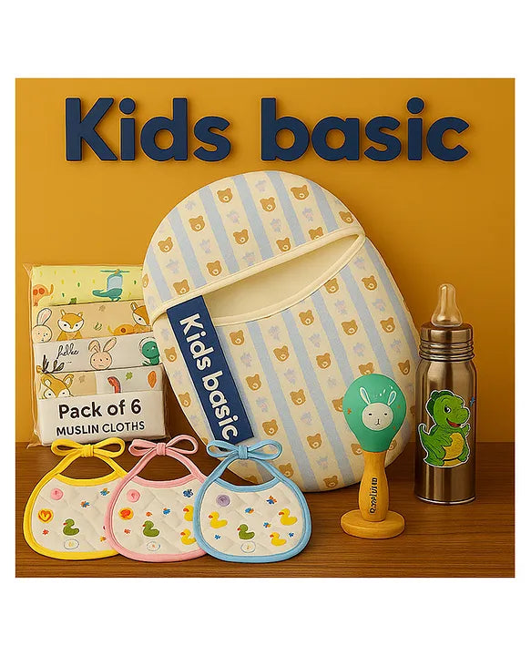KIDS BASIC Newborn Essentials Gift Combo | Muslin Warm Sleeping Bag + Stainless Steel Feeding Bottle + 6 Muslin Hankies + 3 Knot Bibs + Wooden Rattle- BlueStripes +Dino + Green
