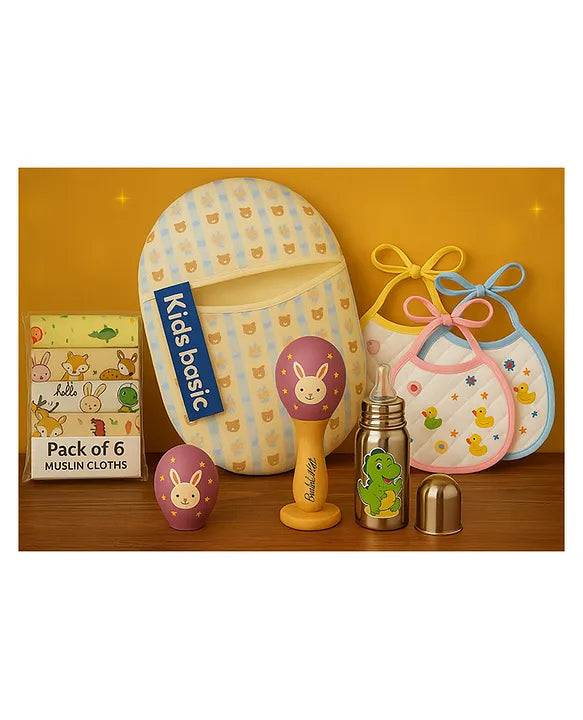 KIDS BASIC Newborn Essentials Gift Combo | Muslin Warm Sleeping Bag + Stainless Steel Feeding Bottle + 6 Muslin Hankies + 3 Knot Bibs + Wooden Rattle- BlueStripes +Dino + Purple