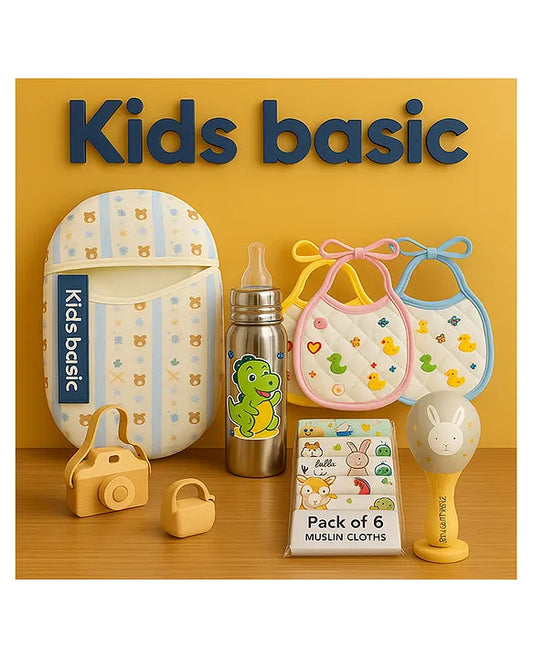 KIDS BASIC Newborn Essentials Gift Combo | Muslin Warm Sleeping Bag + Stainless Steel Feeding Bottle + 6 Muslin Hankies + 3 Knot Bibs + Wooden Rattle- BlueStripes +Dino + Silver