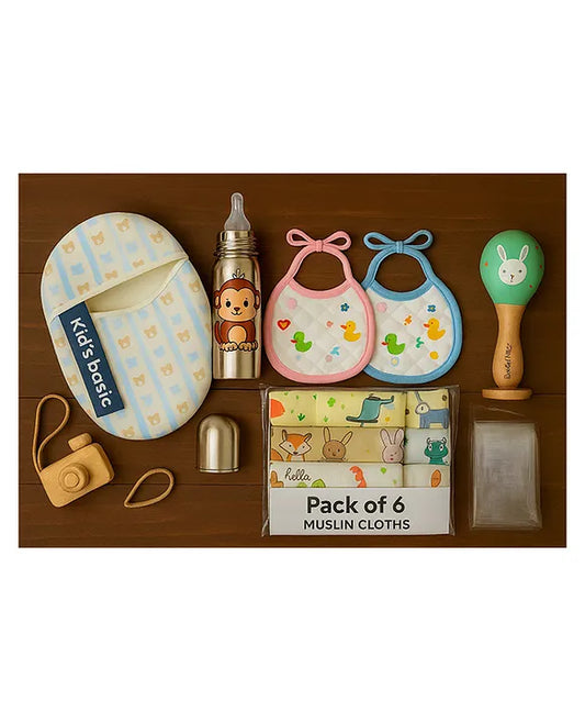 KIDS BASIC Newborn Essentials Gift Combo | Muslin Warm Sleeping Bag + Stainless Steel Feeding Bottle + 6 Muslin Hankies + 3 Knot Bibs + Wooden Rattle- Bluestripes +Lion + Green