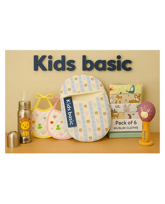 KIDS BASIC Newborn Essentials Gift Combo | Muslin Warm Sleeping Bag + Stainless Steel Feeding Bottle + 6 Muslin Hankies + 3 Knot Bibs + Wooden Rattle- Bluestripes +Lion + Purple