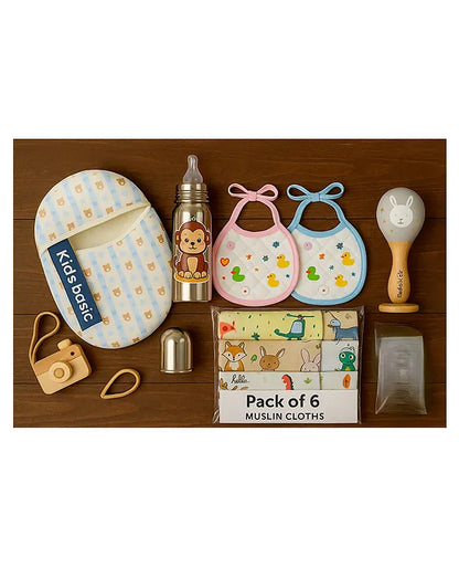 KIDS BASIC Newborn Essentials Gift Combo | Muslin Warm Sleeping Bag + Stainless Steel Feeding Bottle + 6 Muslin Hankies + 3 Knot Bibs + Wooden Rattle- Bluestripes +Lion + Silver