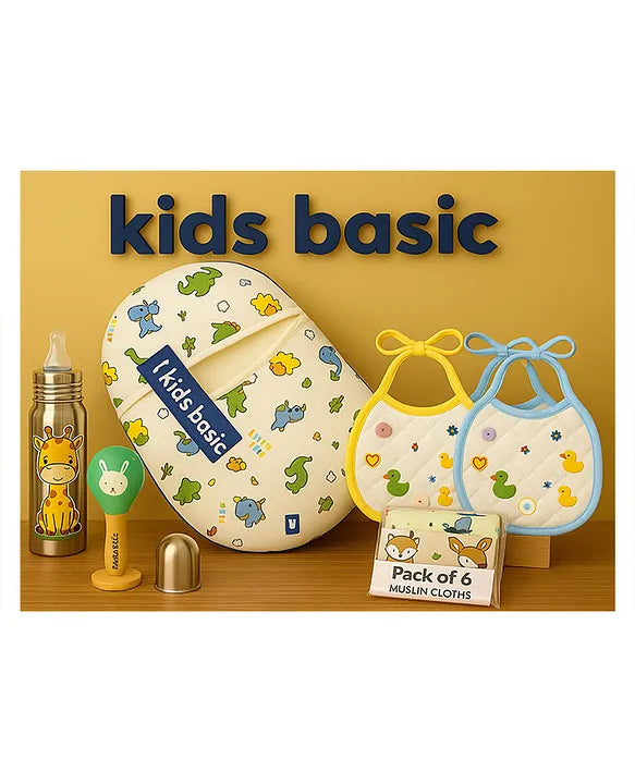 KIDS BASIC Newborn Essentials Gift Combo | Muslin Warm Sleeping Bag + Stainless Steel Feeding Bottle + 6 Muslin Hankies + 3 Knot Bibs + Wooden Rattle- Dino + Giraffe + Green