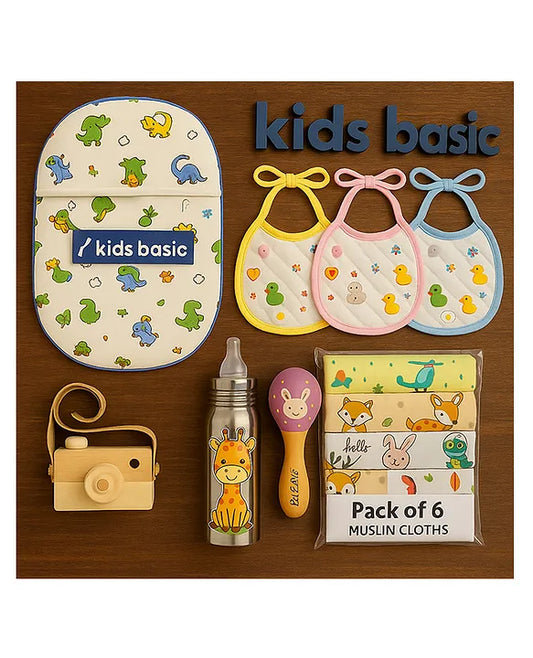 KIDS BASIC Newborn Essentials Gift Combo | Muslin Warm Sleeping Bag + Stainless Steel Feeding Bottle + 6 Muslin Hankies + 3 Knot Bibs + Wooden Rattle- Dino + Giraffe + Purple