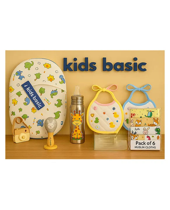 KIDS BASIC Newborn Essentials Gift Combo | Muslin Warm Sleeping Bag + Stainless Steel Feeding Bottle + 6 Muslin Hankies + 3 Knot Bibs + Wooden Rattle- Dino + Giraffe + Silver