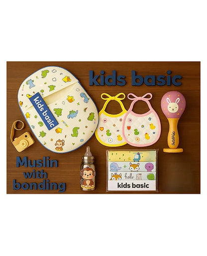 KIDS BASIC Newborn Essentials Gift Combo | Muslin Warm Sleeping Bag + Stainless Steel Feeding Bottle + 6 Muslin Hankies + 3 Knot Bibs + Wooden Rattle- Dino + Monkey + Purple