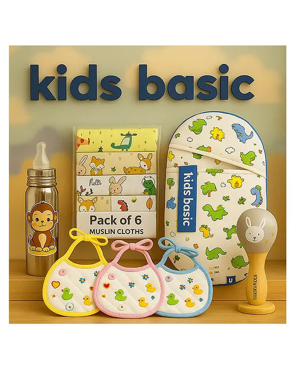 KIDS BASIC Newborn Essentials Gift Combo | Muslin Warm Sleeping Bag + Stainless Steel Feeding Bottle + 6 Muslin Hankies + 3 Knot Bibs + Wooden Rattle- Dino + Monkey +Silver