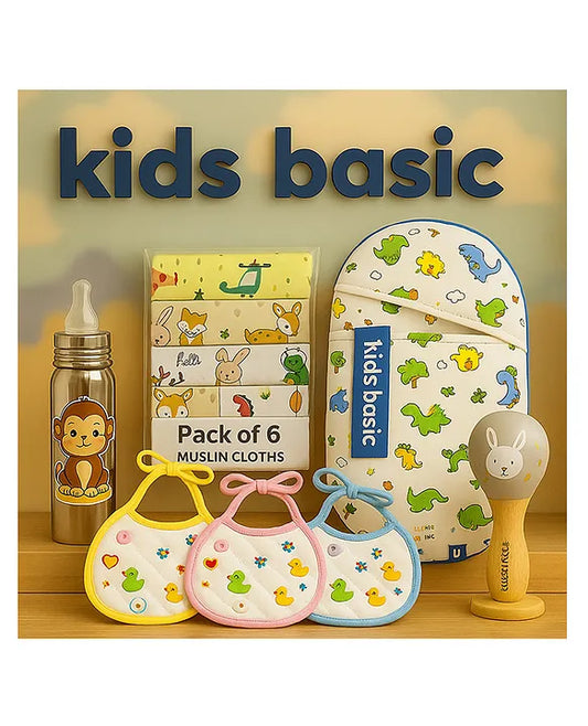 KIDS BASIC Newborn Essentials Gift Combo | Muslin Warm Sleeping Bag + Stainless Steel Feeding Bottle + 6 Muslin Hankies + 3 Knot Bibs + Wooden Rattle- Dino + Monkey +Silver