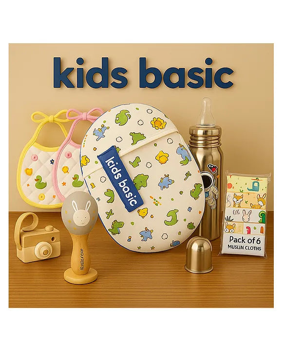 KIDS BASIC Newborn Essentials Gift Combo | Muslin Warm Sleeping Bag + Stainless Steel Feeding Bottle + 6 Muslin Hankies + 3 Knot Bibs + Wooden Rattle- Dino +Astronaut + Purple