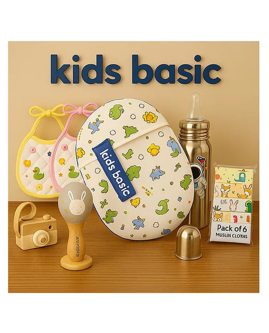 KIDS BASIC Newborn Essentials Gift Combo | Muslin Warm Sleeping Bag + Stainless Steel Feeding Bottle + 6 Muslin Hankies + 3 Knot Bibs + Wooden Rattle- Dino +Astronaut + Purple