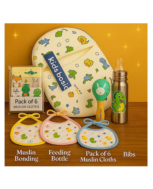 KIDS BASIC Newborn Essentials Gift Combo | Muslin Warm Sleeping Bag + Stainless Steel Feeding Bottle + 6 Muslin Hankies + 3 Knot Bibs + Wooden Rattle- Dino +Dino + Green