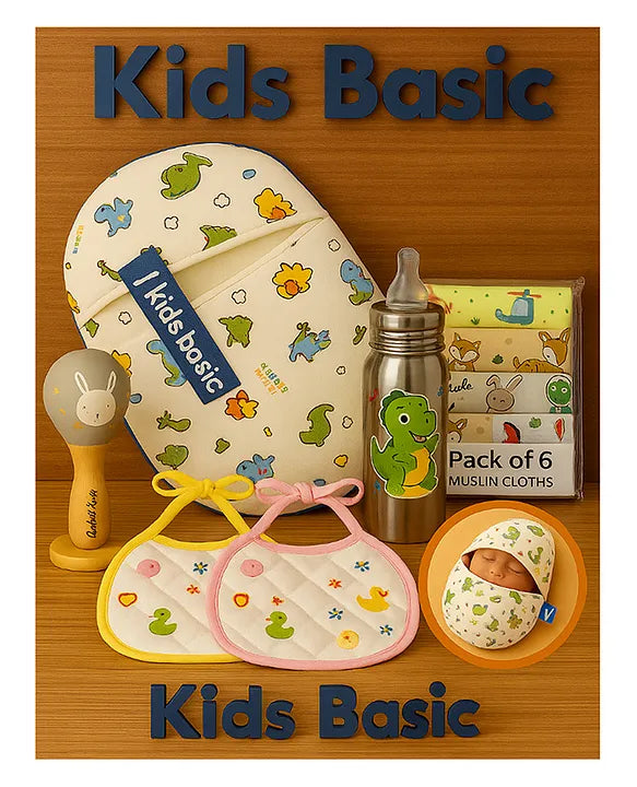 KIDS BASIC Newborn Essentials Gift Combo | Muslin Warm Sleeping Bag + Stainless Steel Feeding Bottle + 6 Muslin Hankies + 3 Knot Bibs + Wooden Rattle- Dino +Dino + Silver
