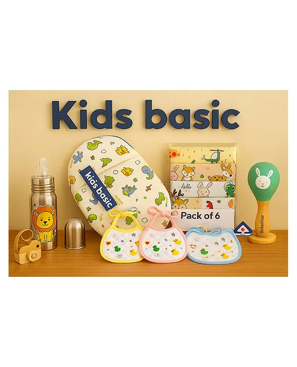 KIDS BASIC Newborn Essentials Gift Combo | Muslin Warm Sleeping Bag + Stainless Steel Feeding Bottle + 6 Muslin Hankies + 3 Knot Bibs + Wooden Rattle- Dino +Lion + Green