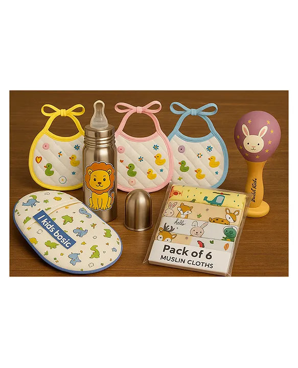 KIDS BASIC Newborn Essentials Gift Combo | Muslin Warm Sleeping Bag + Stainless Steel Feeding Bottle + 6 Muslin Hankies + 3 Knot Bibs + Wooden Rattle- Dino +Lion + Purple
