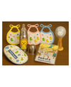 KIDS BASIC Newborn Essentials Gift Combo | Muslin Warm Sleeping Bag + Stainless Steel Feeding Bottle + 6 Muslin Hankies + 3 Knot Bibs + Wooden Rattle- Dino +Lion +Silver