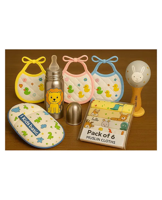 KIDS BASIC Newborn Essentials Gift Combo | Muslin Warm Sleeping Bag + Stainless Steel Feeding Bottle + 6 Muslin Hankies + 3 Knot Bibs + Wooden Rattle- Dino +Lion +Silver