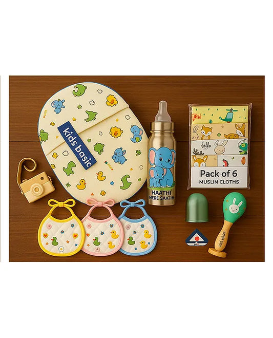 KIDS BASIC Newborn Essentials Gift Combo | Muslin Warm Sleeping Bag + Stainless Steel Feeding Bottle + 6 Muslin Hankies + 3 Knot Bibs + Wooden Rattle- Dino+ Elephant + Green
