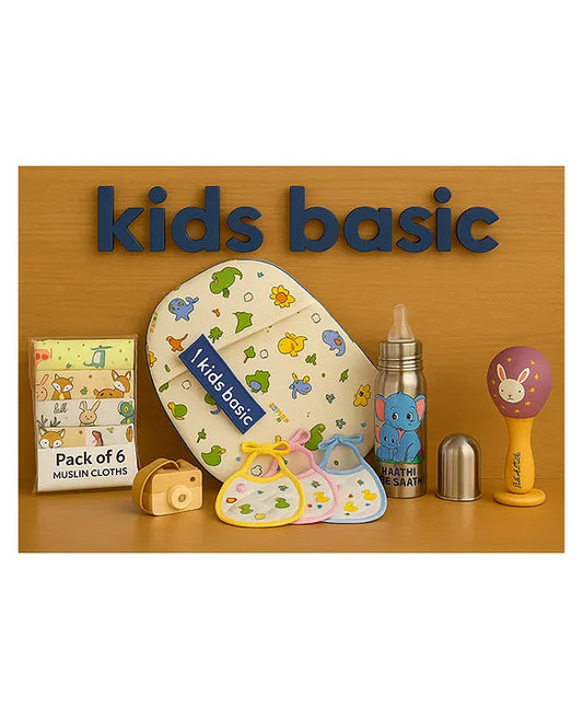 KIDS BASIC Newborn Essentials Gift Combo | Muslin Warm Sleeping Bag + Stainless Steel Feeding Bottle + 6 Muslin Hankies + 3 Knot Bibs + Wooden Rattle- Dino+ Elephant + Purple