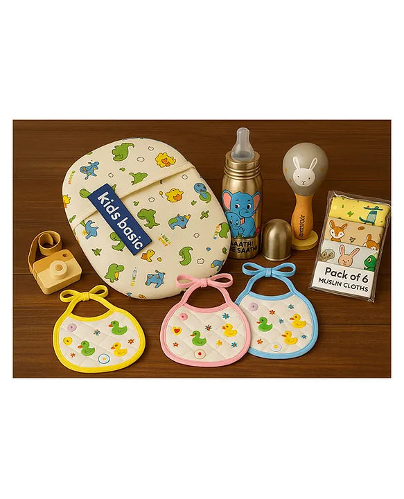 KIDS BASIC Newborn Essentials Gift Combo | Muslin Warm Sleeping Bag + Stainless Steel Feeding Bottle + 6 Muslin Hankies + 3 Knot Bibs + Wooden Rattle- Dino+ Elephant + Silver