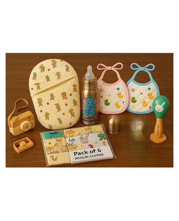 KIDS BASIC Newborn Essentials Gift Combo | Muslin Warm Sleeping Bag + Stainless Steel Feeding Bottle + 6 Muslin Hankies + 3 Knot Bibs + Wooden Rattle- Horse + Elephant + Green