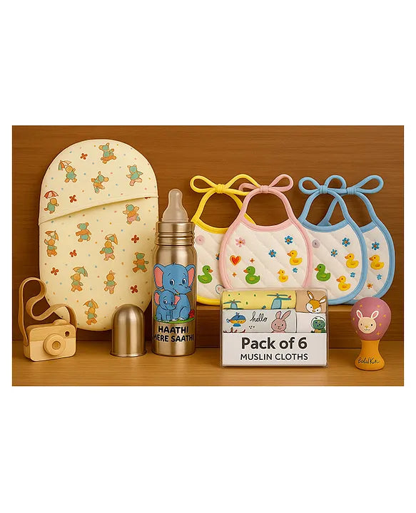 KIDS BASIC Newborn Essentials Gift Combo | Muslin Warm Sleeping Bag + Stainless Steel Feeding Bottle + 6 Muslin Hankies + 3 Knot Bibs + Wooden Rattle- Horse + Elephant + Purple